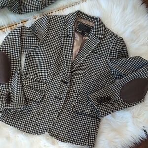 J. Crew Black and Cream Houndstooth Blazer with Brown Elbow Patches School Boy